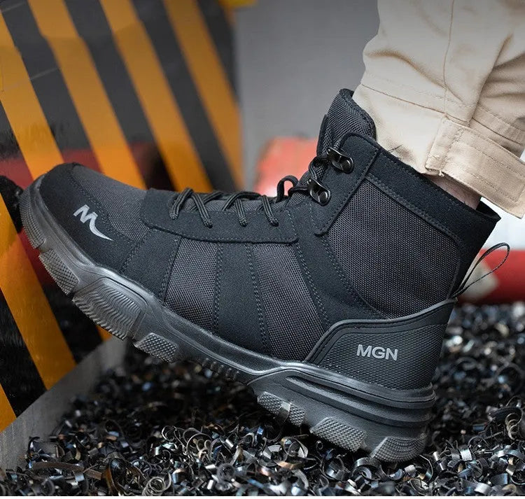 Steel toe anti-smash anti-puncture high top safety shoes in beige and black on white background