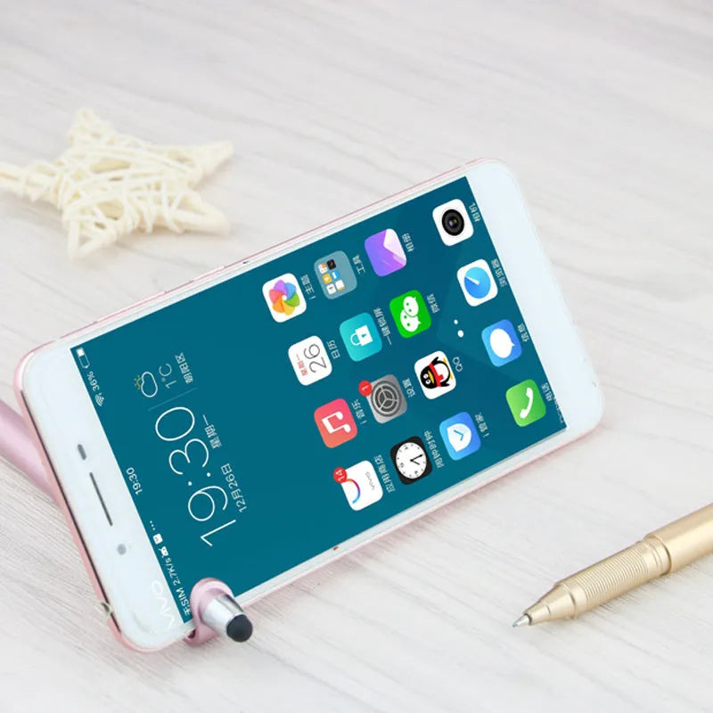 Multifunctional touchscreen pen with 0.5mm tip and mobile phone holder in corporate gift packaging