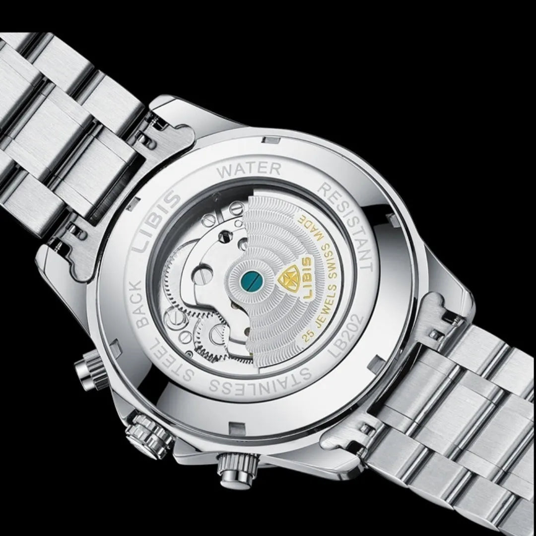 Men's silver automatic perpetual calendar watch with stainless steel strap on a wrist.