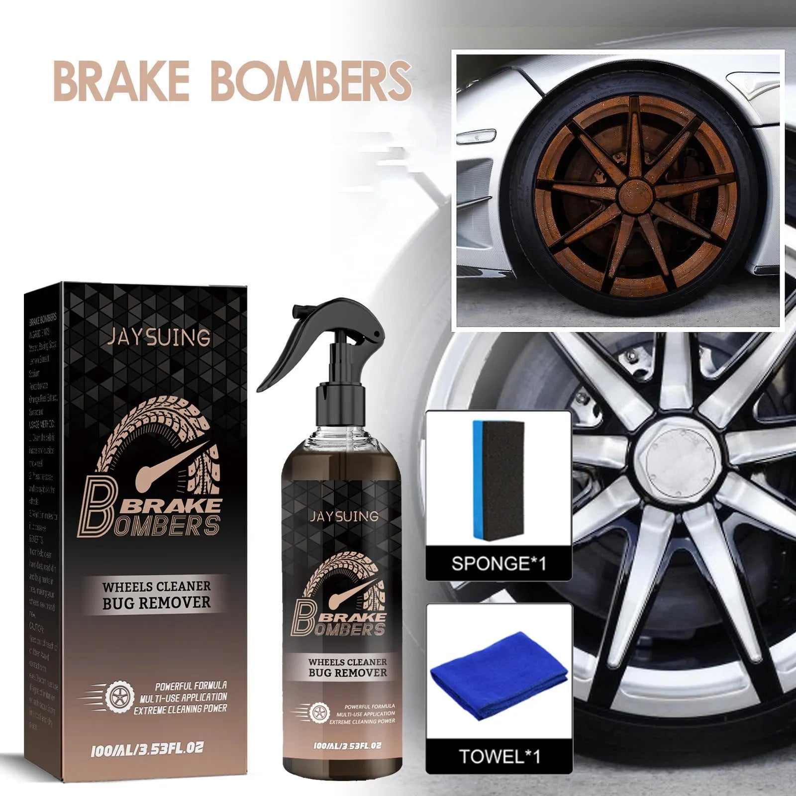 Car brake cleanser kit with 100ml bottle, sponge, and cloth for disc maintenance