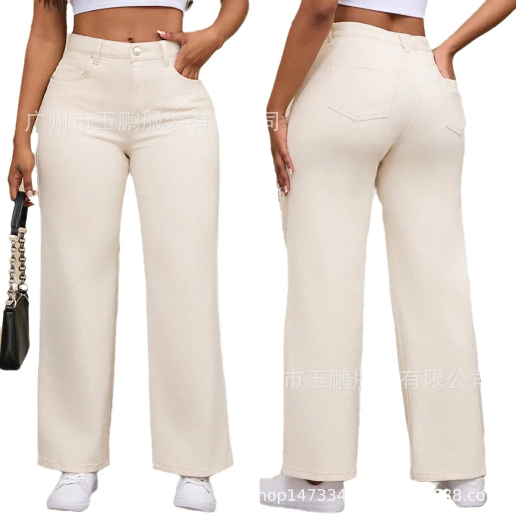 Women's apricot wide-leg straight jeans with high waist on a hanger.