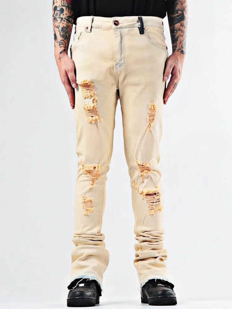 Elastic Youth heavy duty flare jeans in apricot cotton stretch denim with medium high waist and zipper placket