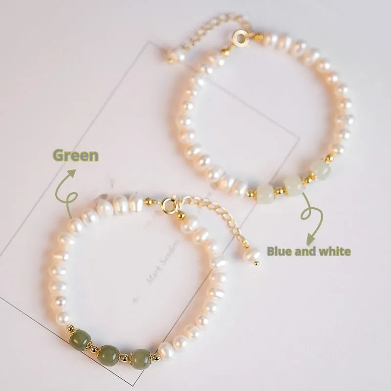 Korean style freshwater pearl bracelet with diamond shapes in deep or light Hetian jade colour.