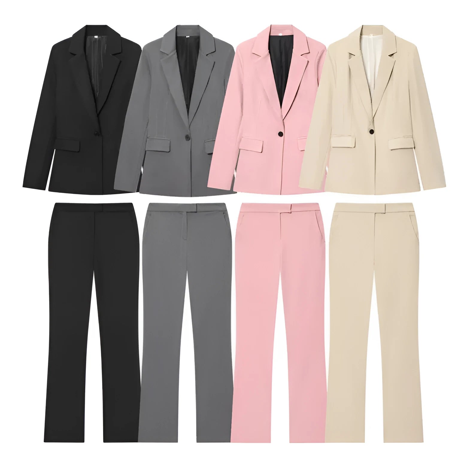 Slim-fit long-sleeve suit jacket and flared pants for women in black PVC blend solid colour set