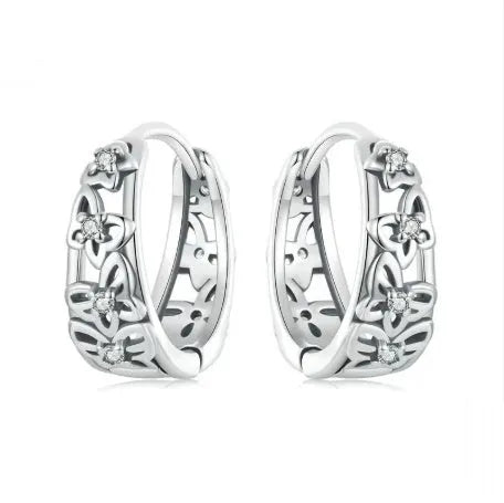 Sterling silver retro hollow butterfly earrings with zircon stones, S925 silver, 14mm by 5mm.