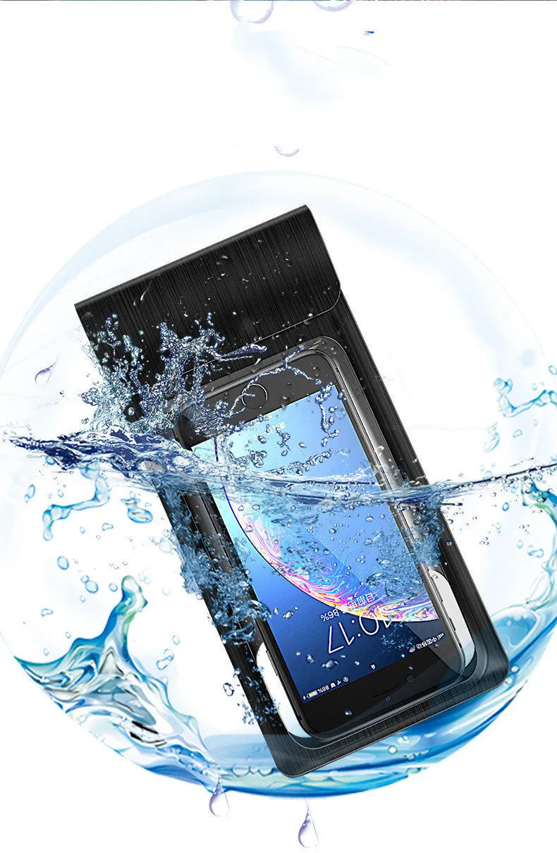 Mobile phone waterproof bag in black with TPU window and synthetic leather edges, 22cm by 10.6cm