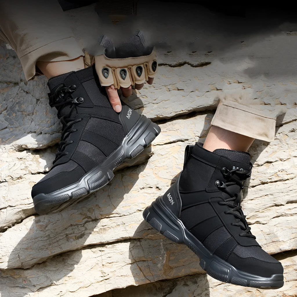 Steel toe anti-smash anti-puncture high top safety shoes in beige and black on white background