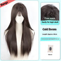 Women's full-head fluffy wig with forehead lace in brown black high temperature fibre.