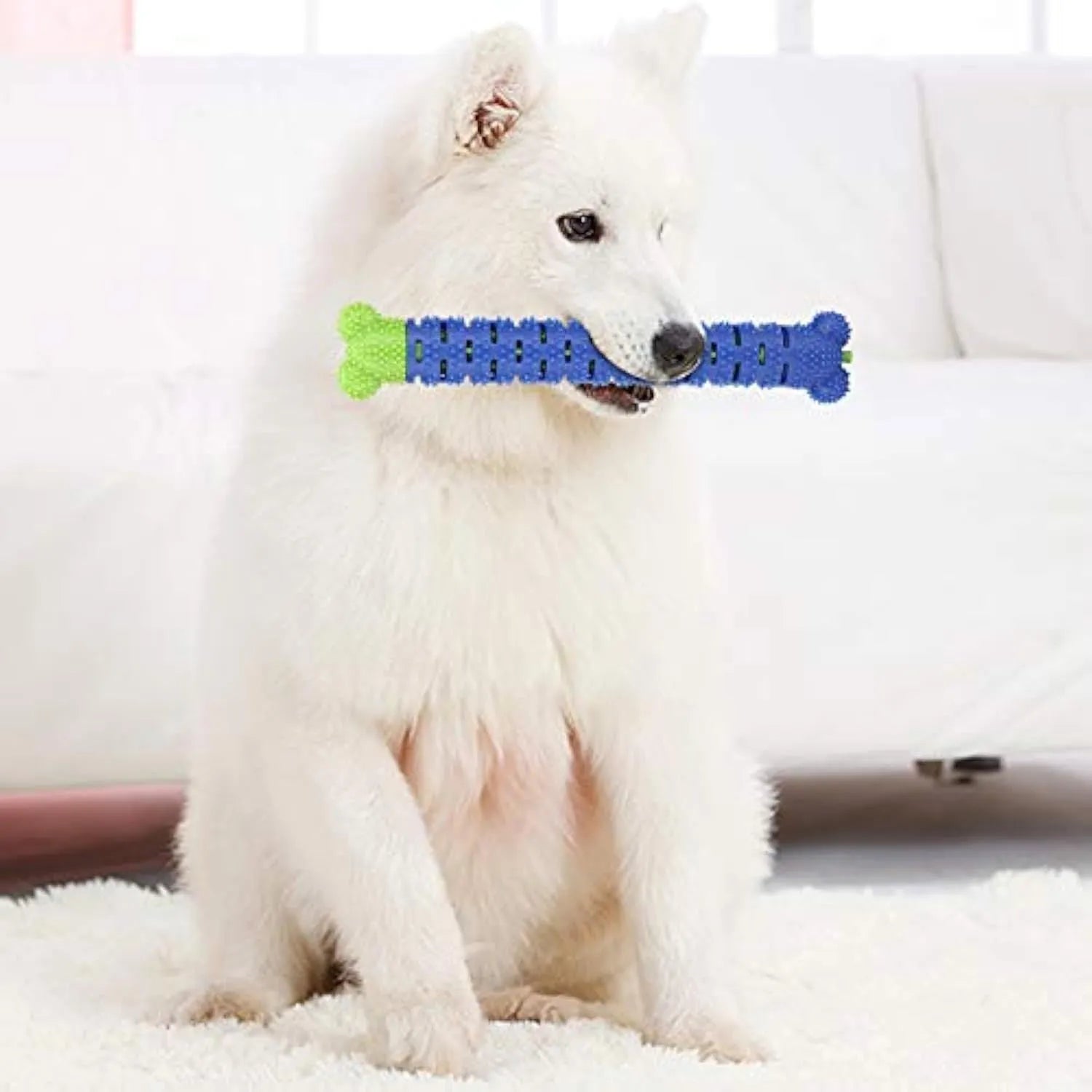 Blue silicone dog dental cleaner stick with serrated brush head and massage nodules, 25cm length