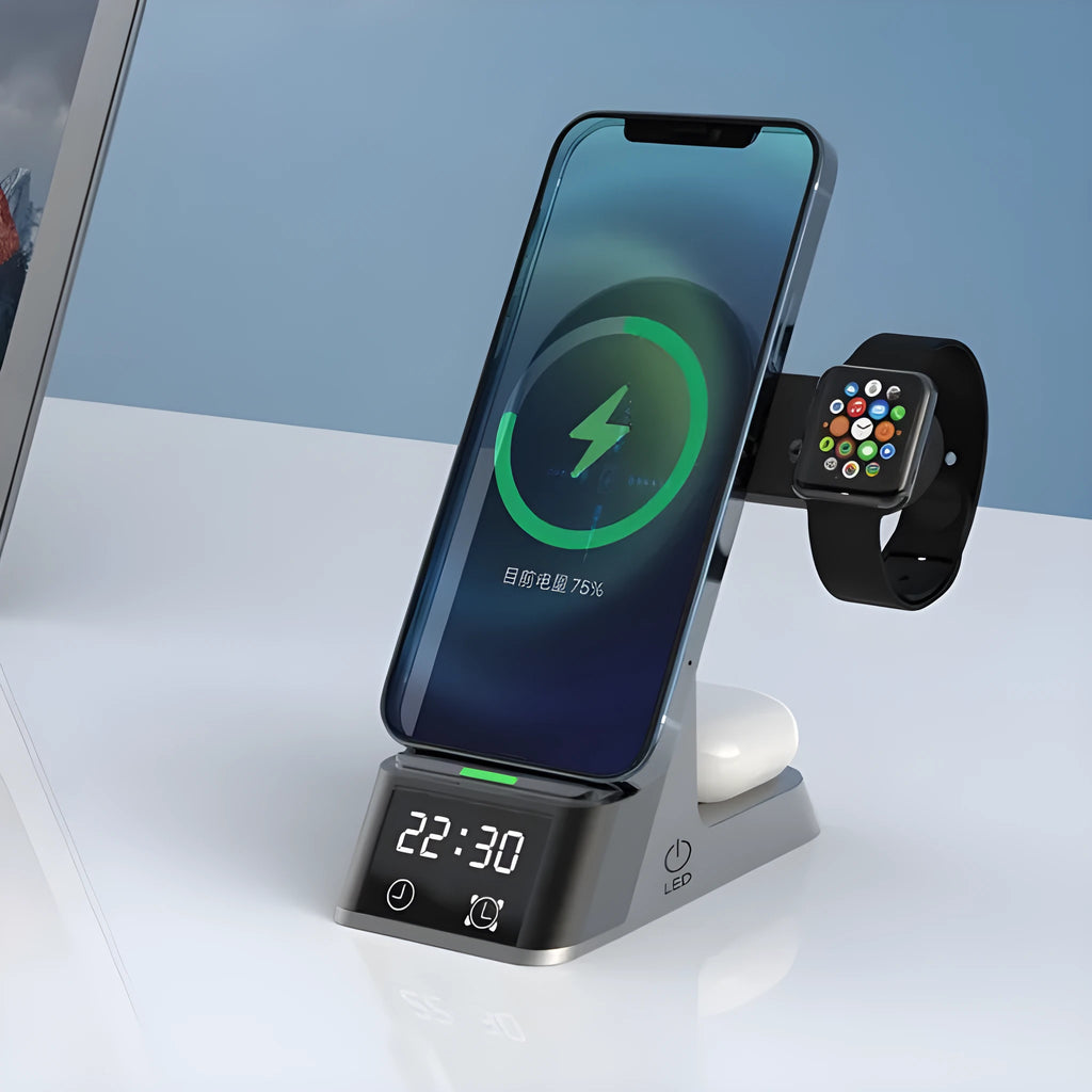 Black multifunctional alarm clock with wireless charging pad, Apple Watch dock, USB port, and LED display.