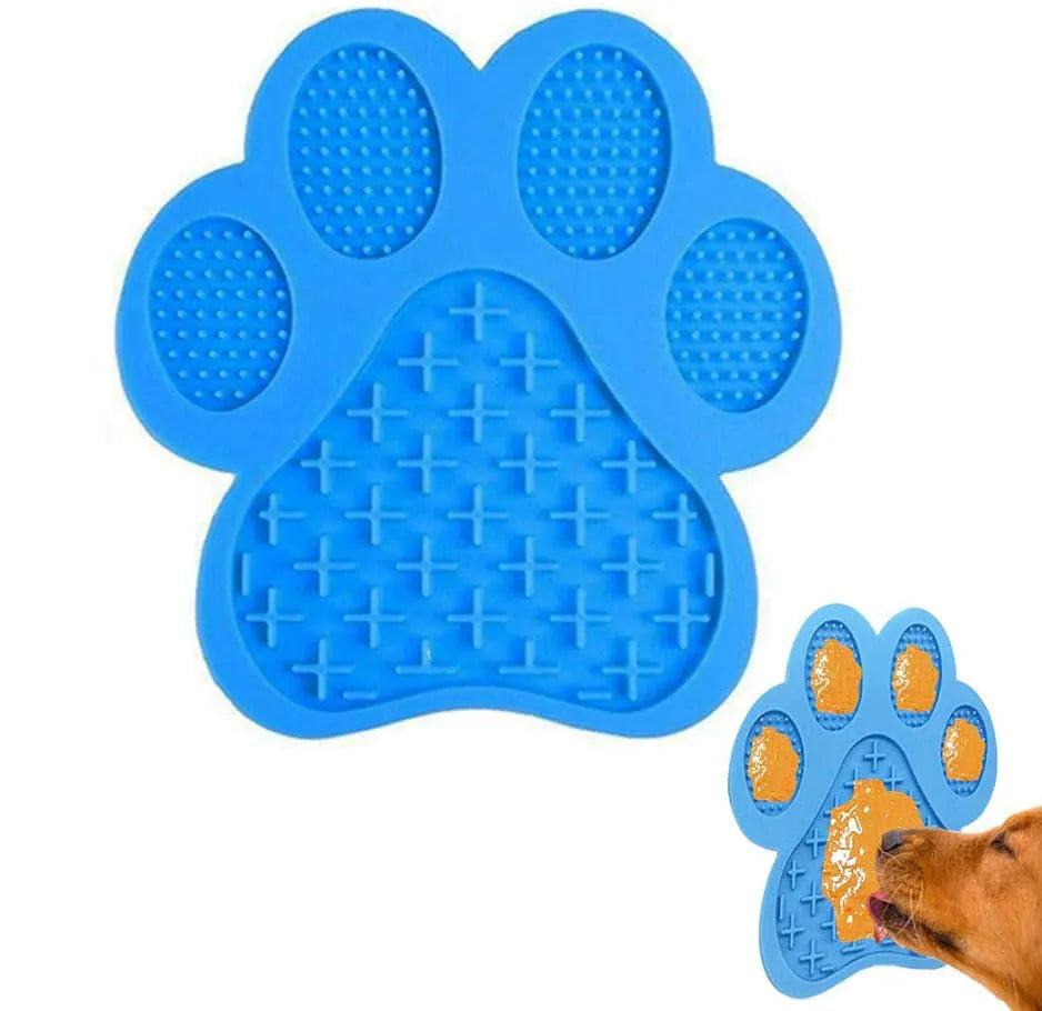 Blue bone-textured silicone dog licking mat with suction cups on back for bath time.