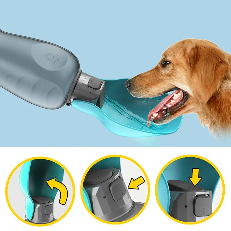 800ml portable dog water bottle with blue foldable drinking bowl and wrist strap