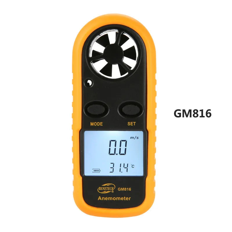 Biaozhi orange digital wind speed meter showing 105mm compact dimensions