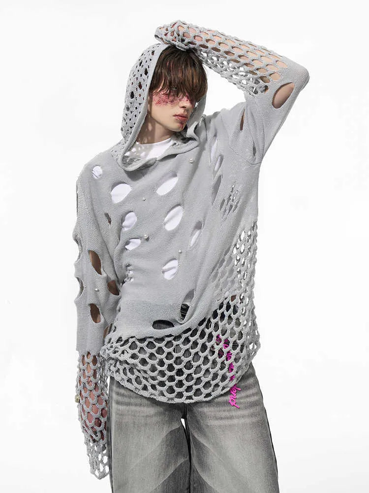 Black men's loose-fit hoodie sweater with pearl decorative trim on the hood.