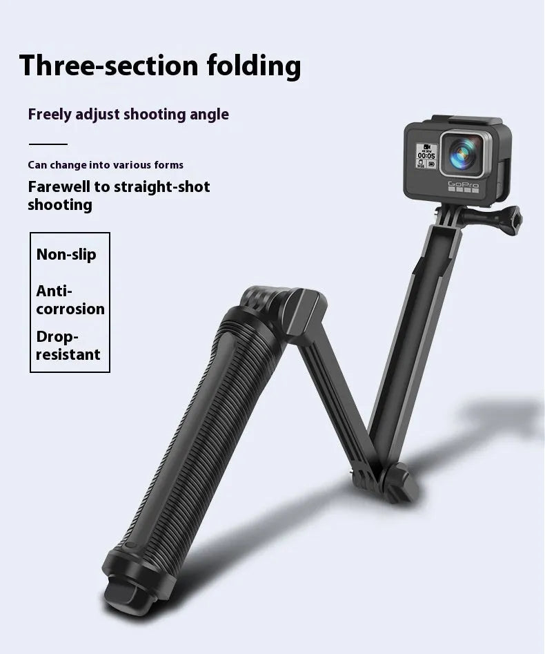Black portable folding camera tripod storage bracket for GoPro Hero action cameras on a white background.