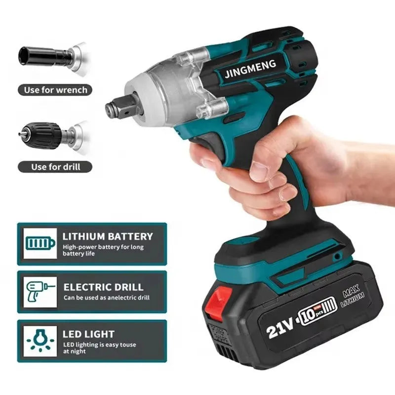 21V brushless electric impact wrench hand drill with lithium battery and 12.4mm chuck on workbench