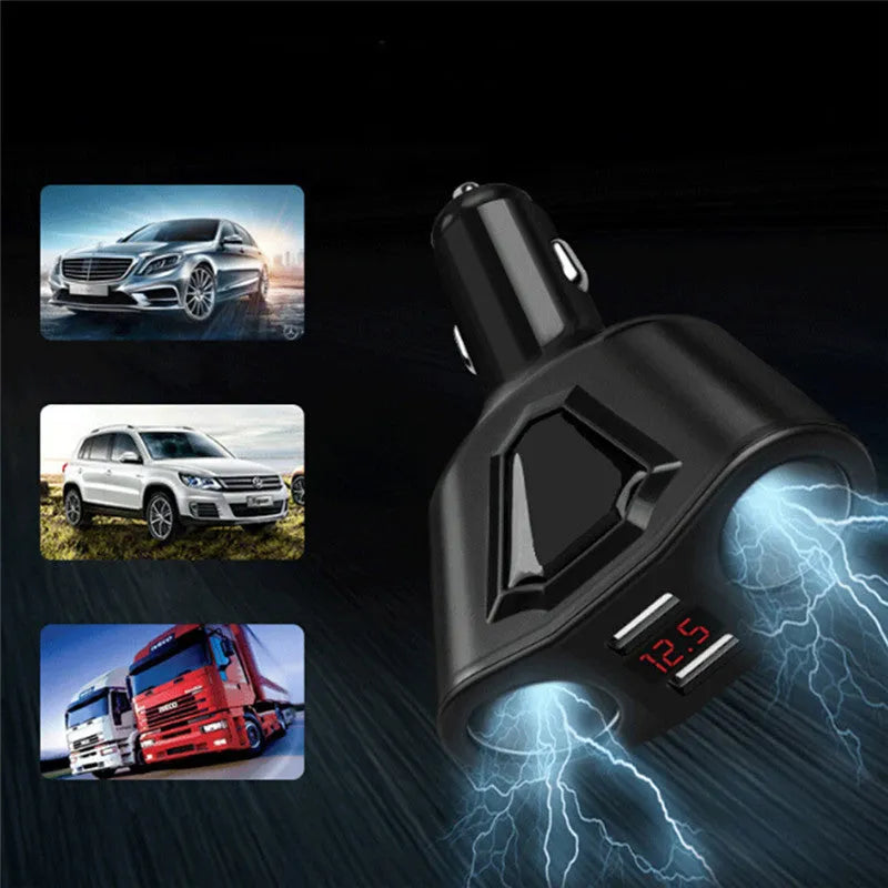 Dual USB multifunction car charger with LCD screen showing voltage, black colour, compact design for cars trucks and SUVs