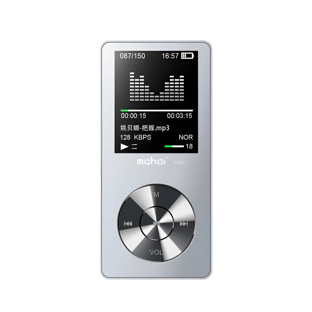 Gold metal MP3 lossless music player with 1.8-inch screen showing menu, alongside headphones