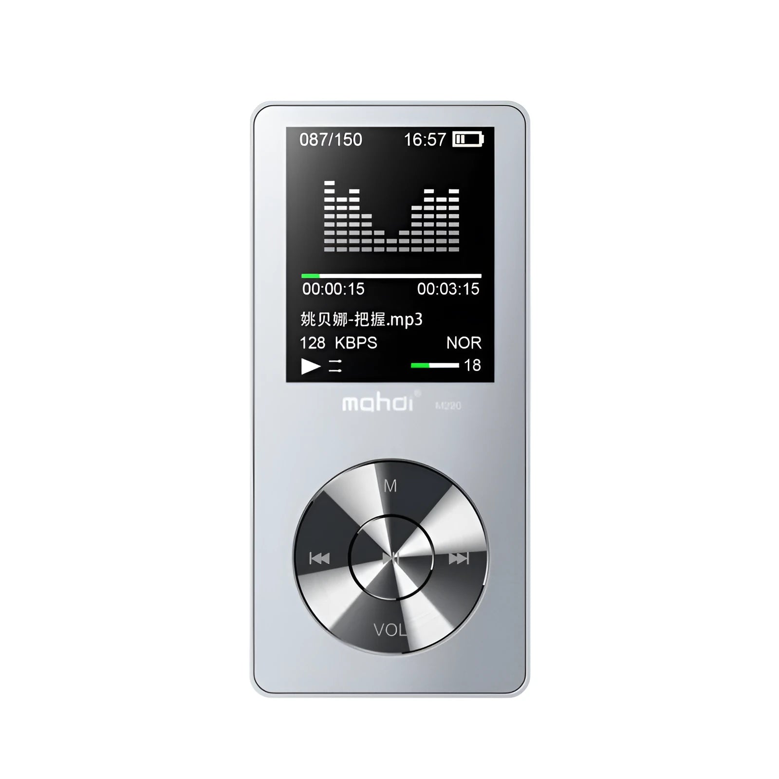 Gold metal MP3 lossless music player with 1.8-inch screen showing menu, alongside headphones