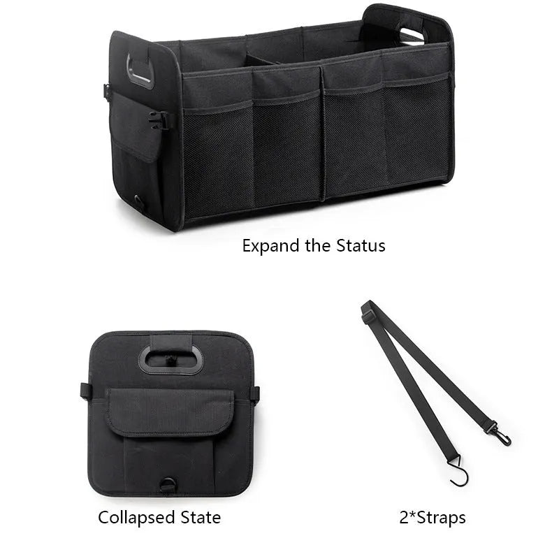 Foldable black multi-compartment car trunk storage box with handle