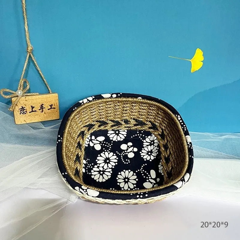 Blue square plastic storage basket with hand-woven twine pattern for desktop organisation