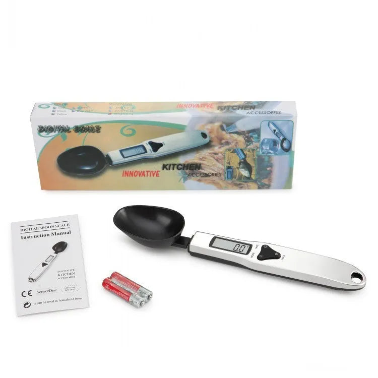 Smart digital measuring spoon kitchen scale with LCD display showing weight measurement