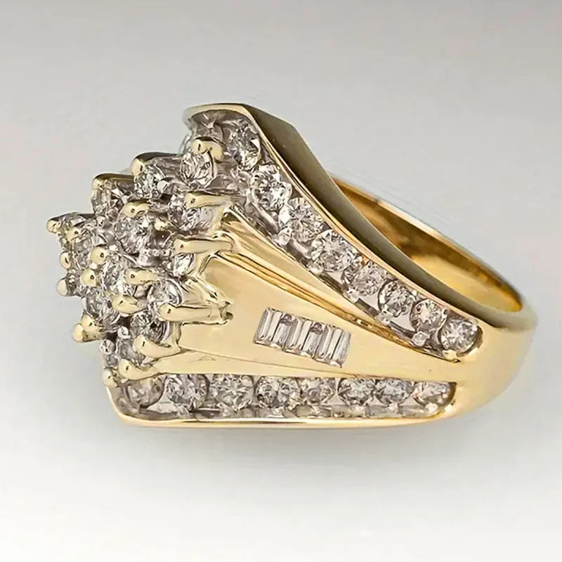 Gold electroplated copper heavy industry ring with geometric palace style design