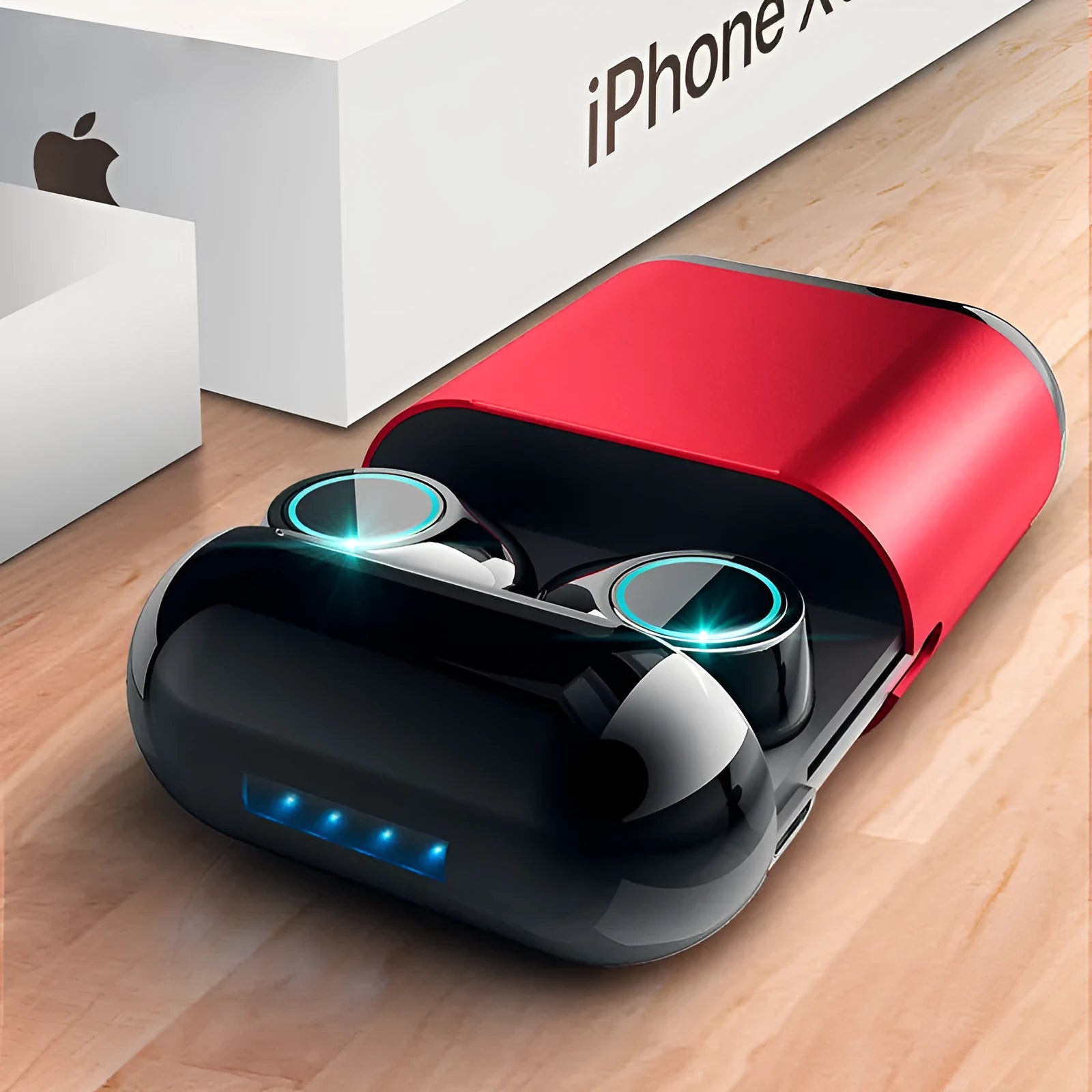 Black TWS Bluetooth wireless earbuds with charging case showing IP5X dust resistance rating