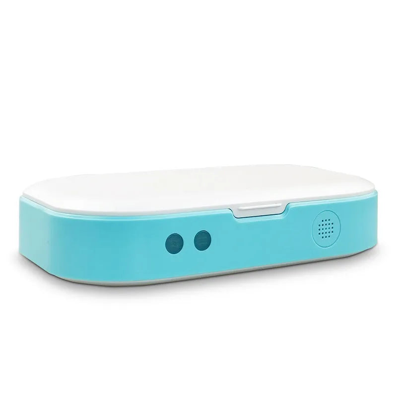 Blue UV steriliser box for mobile phones and small items showing dual UV lamps and compact size for 7-inch phone