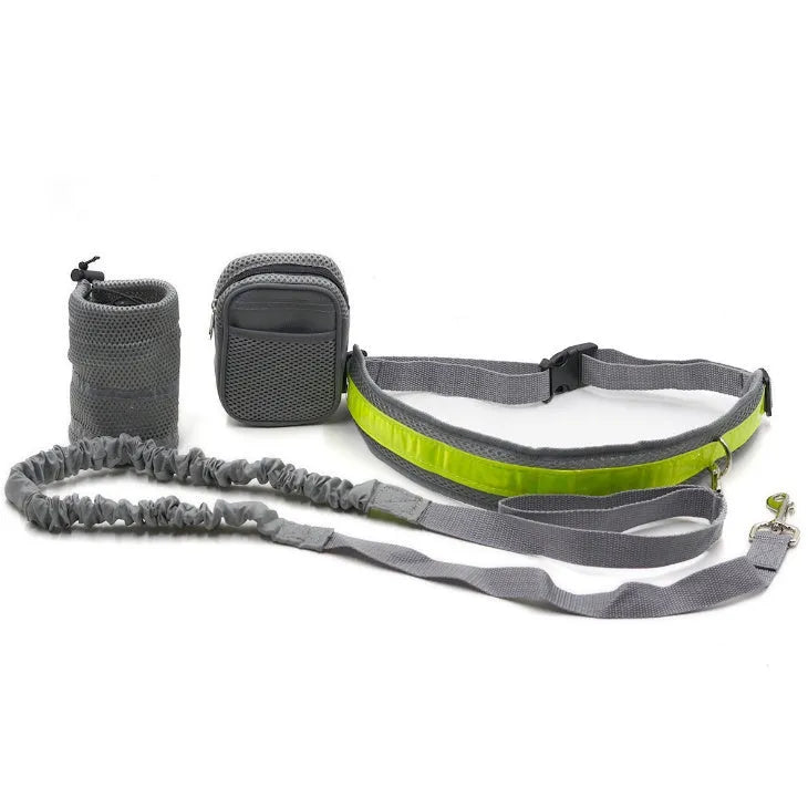 Adjustable hands-free dog leash running set with nylon retractable rope, waist belt, and two storage bags on a person jogging