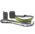 Adjustable hands-free dog leash running set with nylon retractable rope, waist belt, and two storage bags on a person jogging