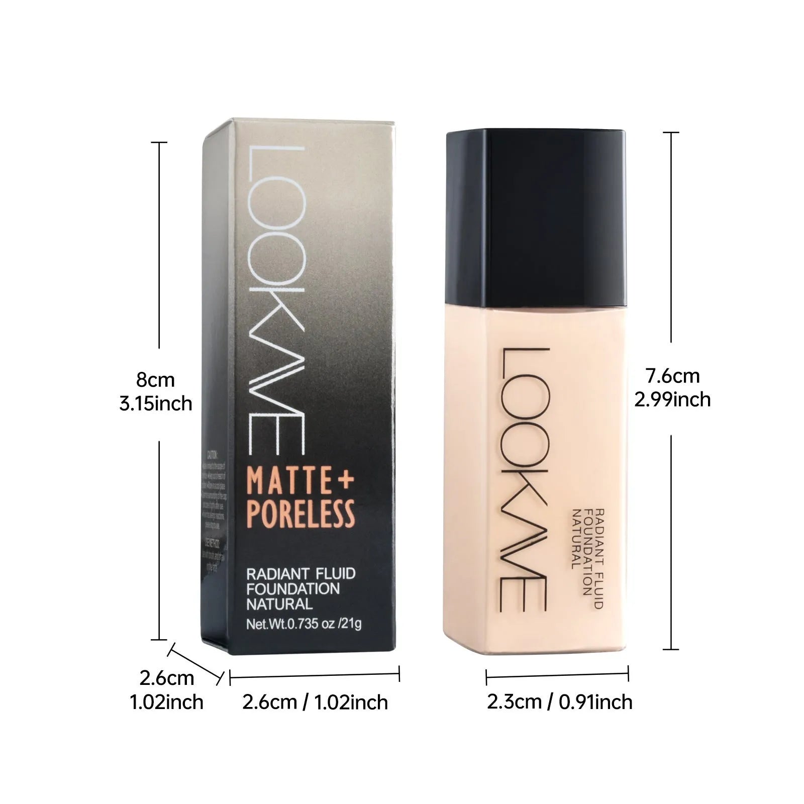 LOOKAVE Matte Liquid Foundation bottle in 21c size showing Ivory White shade