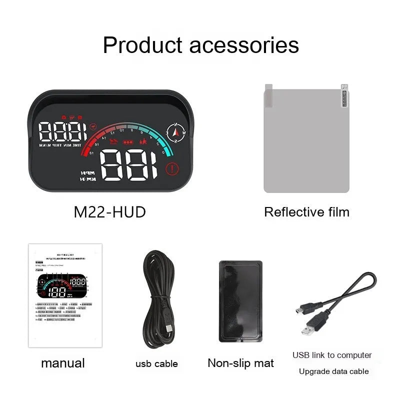 Black universal head-up display (HUD) car projector unit for windscreen speed and compass projection.