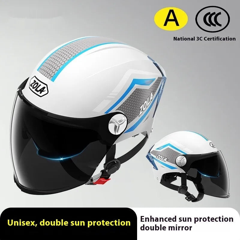 Children's 3C certified ABS motorcycle half helmet with a double mirror visor in a light brown colour.