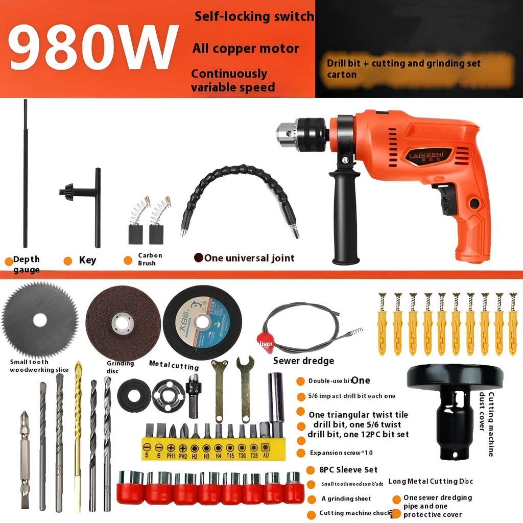 1980W aluminium shell impact drill with attachments including drill bit sleeve and universal shaft