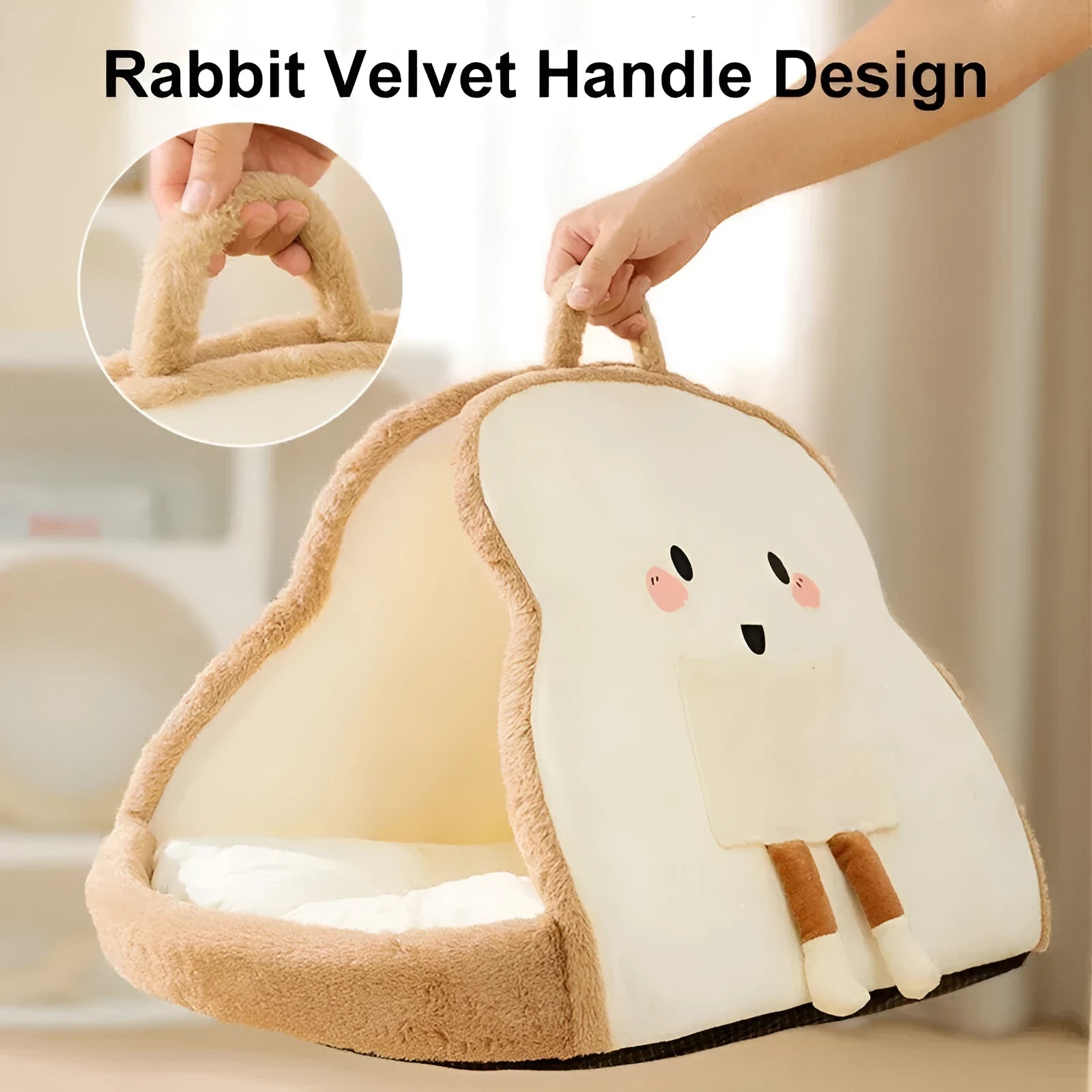 Green winter cat tent pet house with deep cave bed design and soft blanket inside.