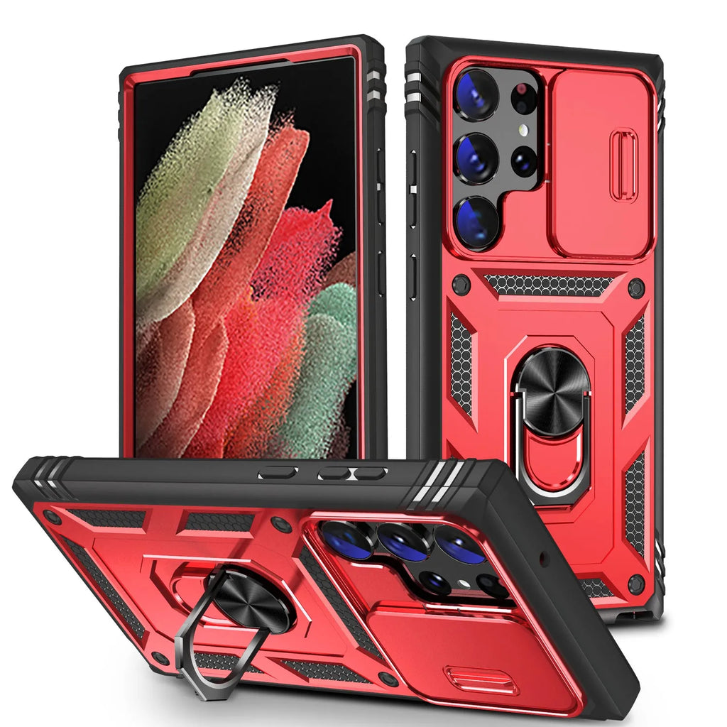 S24 Ultra phone case with sliding window bracket, PC drop-resistant cover, multiple colours