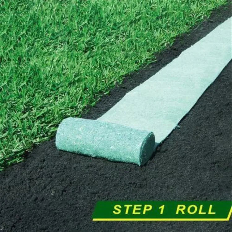 Biodegradable grass seed mat 20x300cm rolled out on bare soil showing wind proof and soil consolidation functions