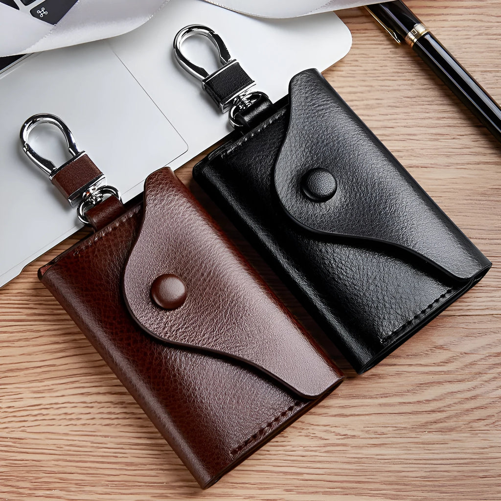Genuine leather keychain card holder showing square vertical design and internal key organisation