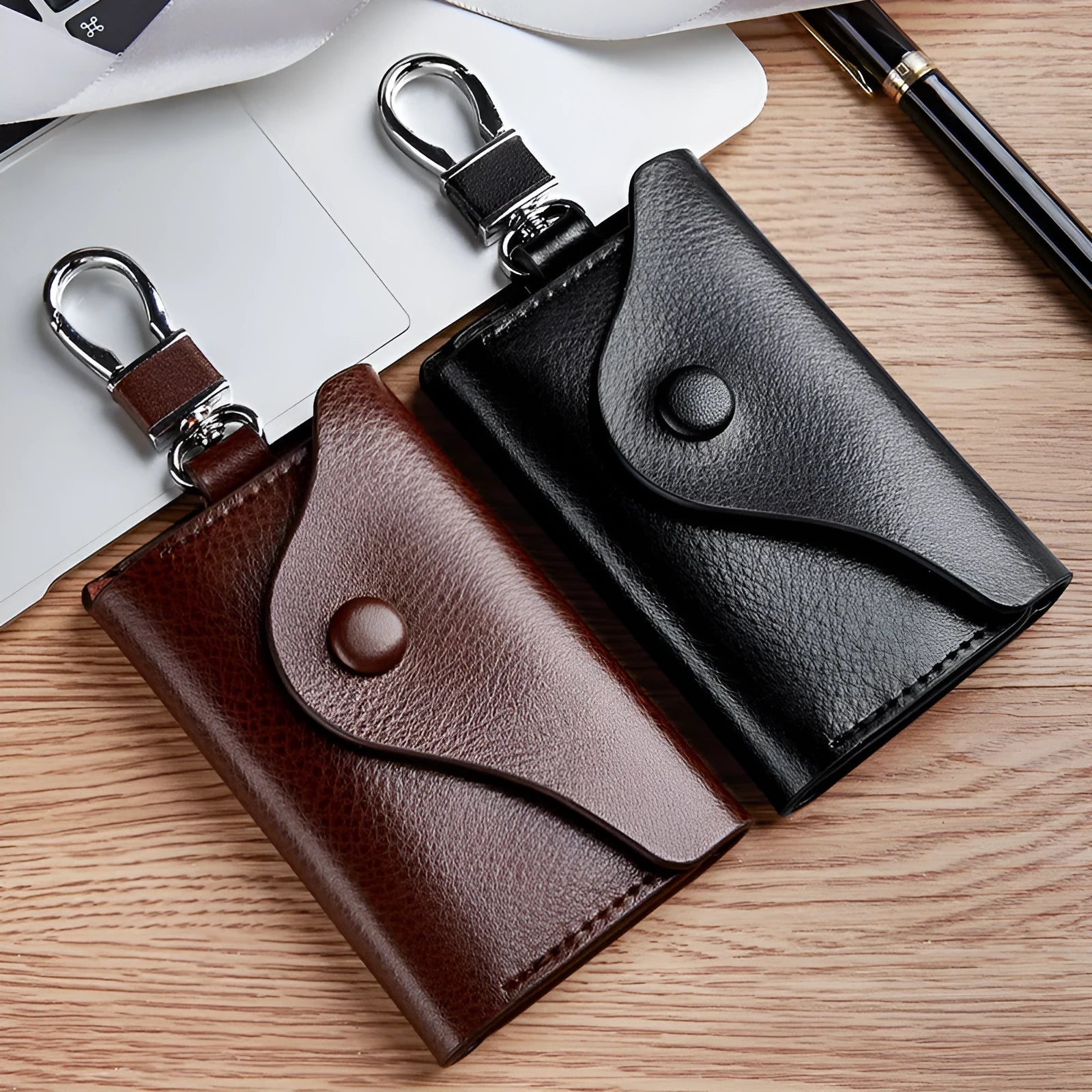 Genuine leather keychain card holder showing square vertical design and internal key organisation