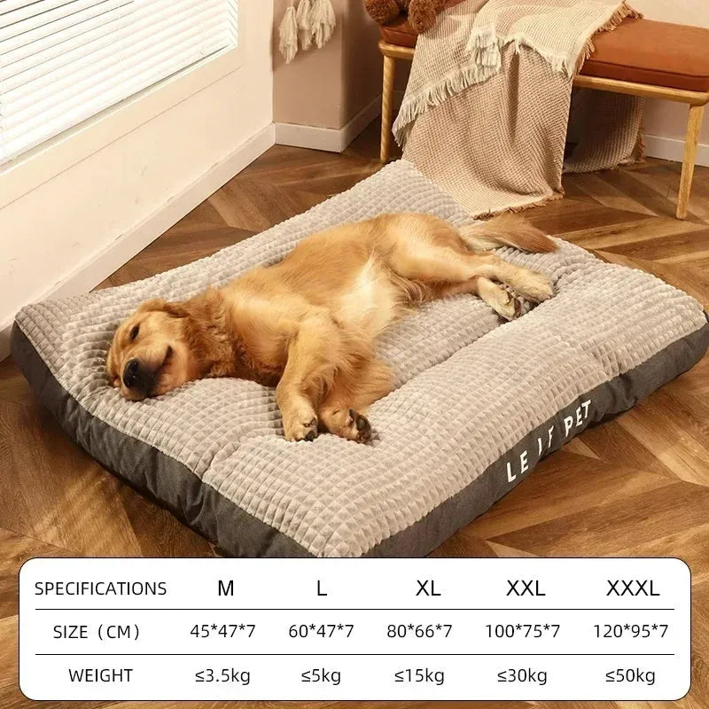 Warm dog bed with removable fleece blanket in coffee colour showing size options M XL XXL XXXL