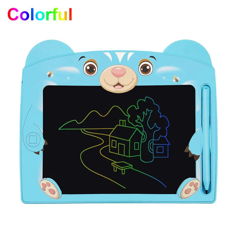 Cute bear cartoon LCD drawing board in sky blue colour on a table with stylus.