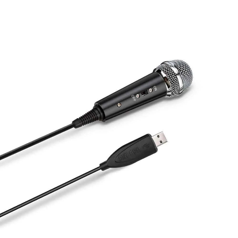 Black desktop omnidirectional microphone with metal mesh grille and 2m cable on a desk