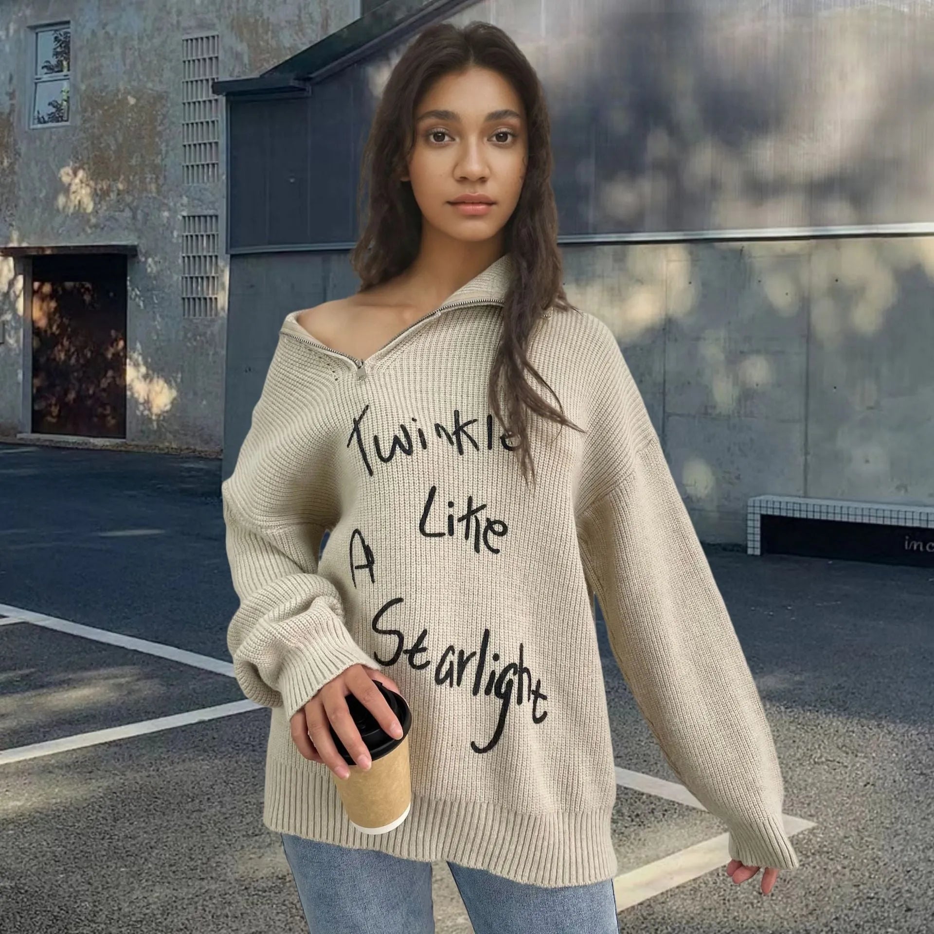 Women's alpaca wool blend pullover with oblique zipper and loose lapels in light khaki colour