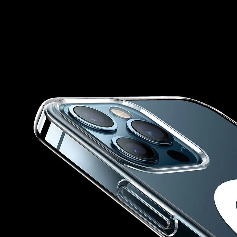 Transparent magnetic hard-shell back cover case for iPhone on a magnetic car vent mount.