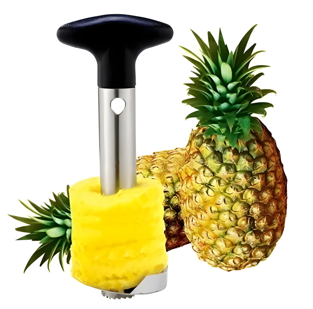Stainless steel pineapple corer slicer with coloured ABS handle on a kitchen counter