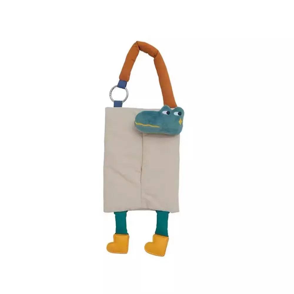 Hanging plush car tissue buggy bag in 25x19cm size with hat dog and baby crocodile colour options
