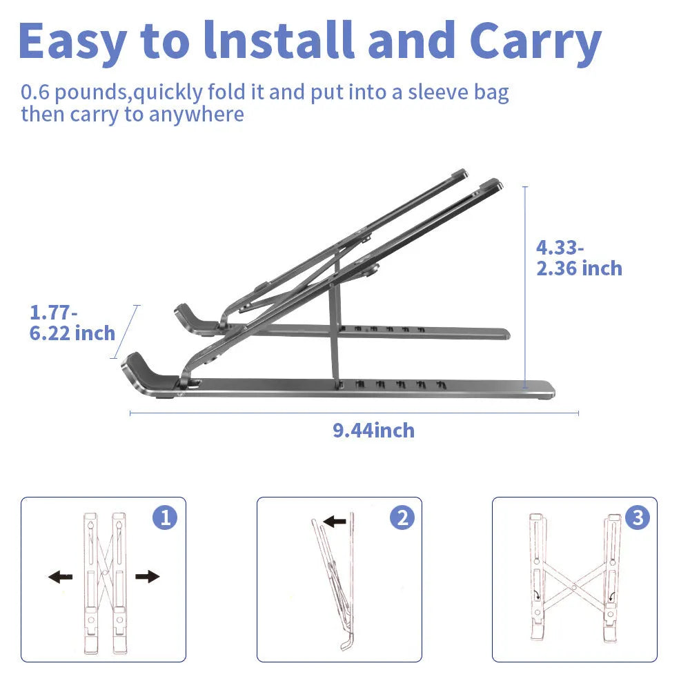 Portable aluminum alloy laptop stand in folded and extended positions showing height adjustment mechanism