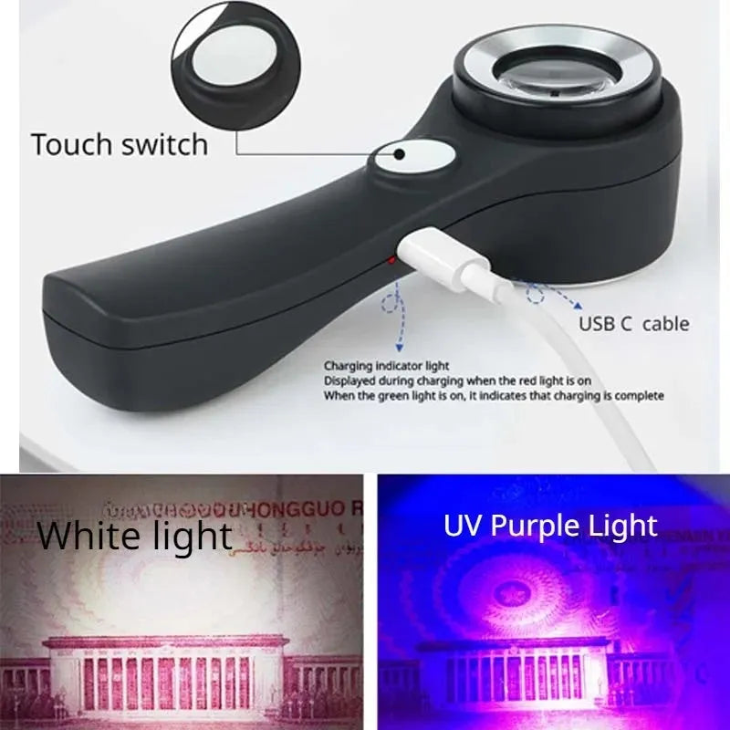 Black appraisal magnifying glass with 30x optical lens and LED light for jewellery inspection