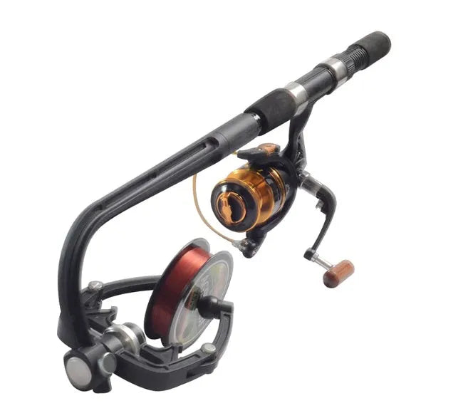 Black fishing line winder tool with adjustable tension mechanism for solo spooling